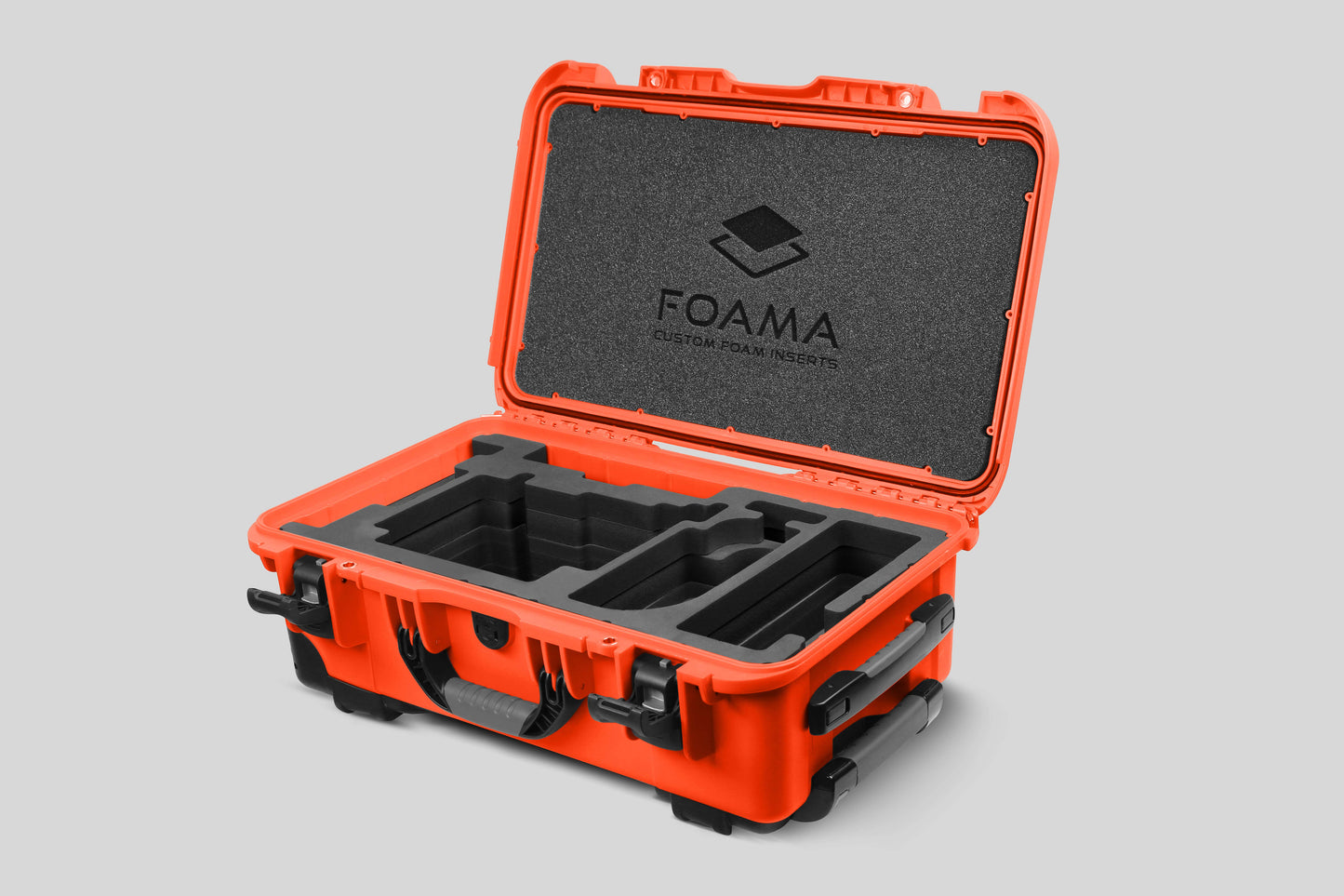 Angled view of Orange Color ARRI Alexa 35 Carry-On Case with Black Layer Custom Foam Insert