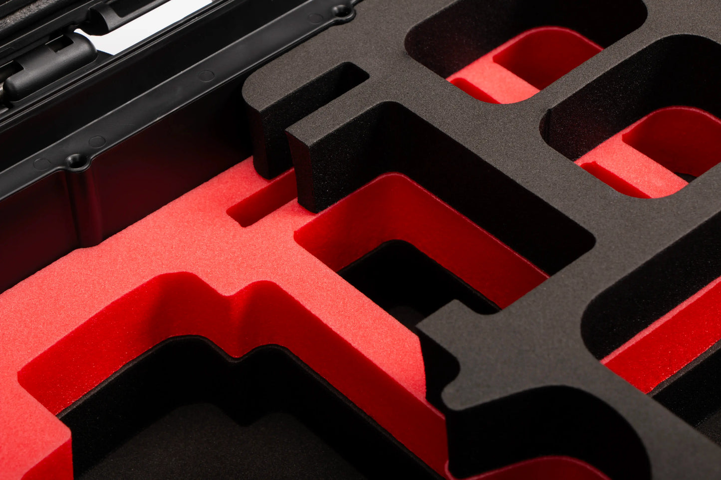 Close-up view of Canon Camera Compact Case For EOS R5, R5 II, R6, R6 II, R7 with Red Layer Custom Foam Insert