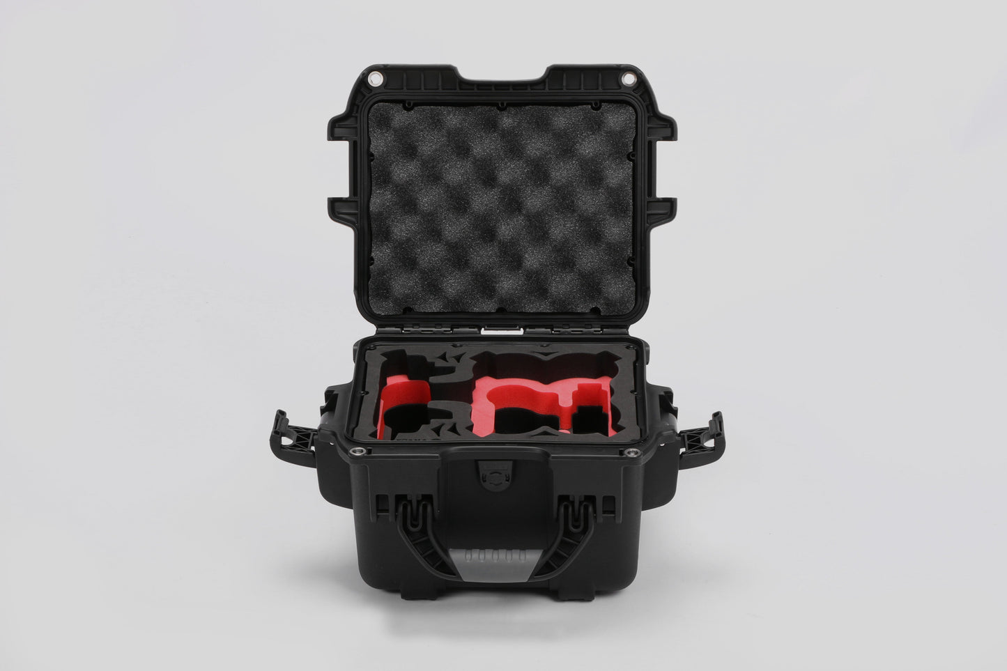 Front view of DJI Neo Black Color Adventure Ready Compact Waterproof Carry-on Case and Custom Foam Insert with a Red Layer for DJI Neo