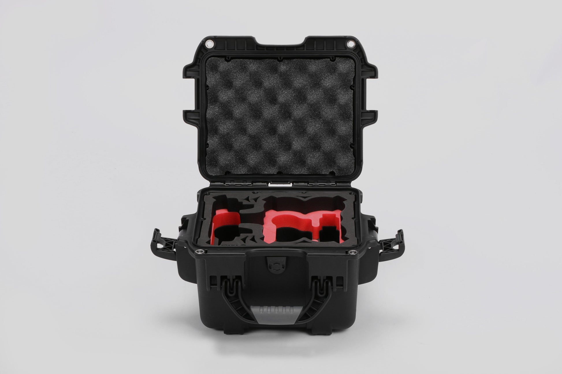 Front view of DJI Neo Black Color Adventure Ready Compact Waterproof Carry-on Case and Custom Foam Insert with a Red Layer for DJI Neo