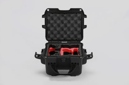 Front view of DJI Neo Black Color Adventure Ready Compact Waterproof Carry-on Case and Custom Foam Insert with a Red Layer for DJI Neo