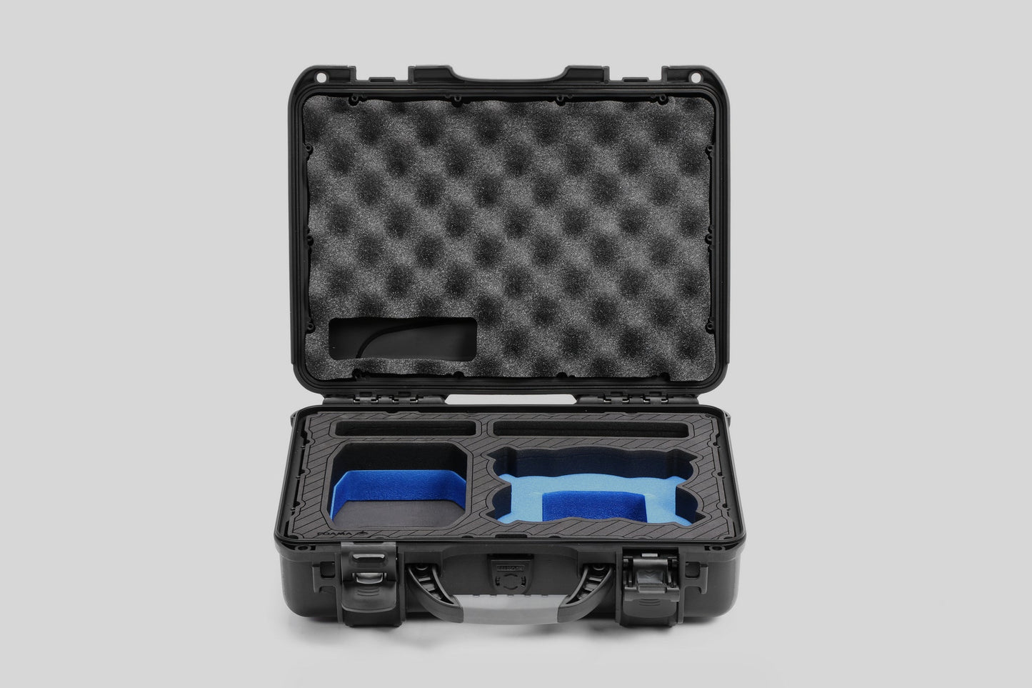Front-view of Foama Black Color All-Weather Carry-on Case and Custom Foam Insert with a Blue Layer for DJI Neo