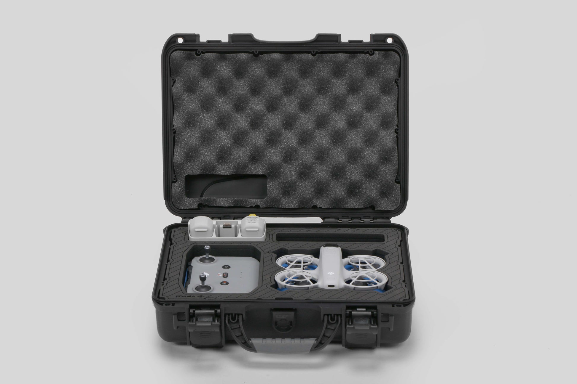Front view of Foama black all-weather carry-on case with stylish blue layer insert, holding DJI Neo