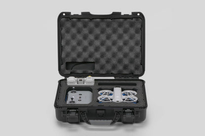Front view of Foama black all-weather carry-on case with stylish blue layer insert, holding DJI Neo