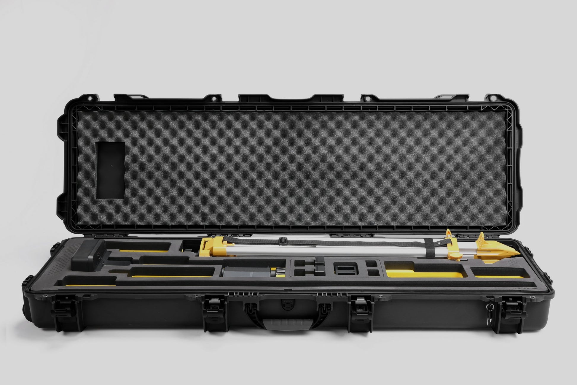 Front view of Foama Fortified Black Color Hard Case and Custom Foam Insert with Yellow Layer for DJI D-RTK 2 Mobile Station