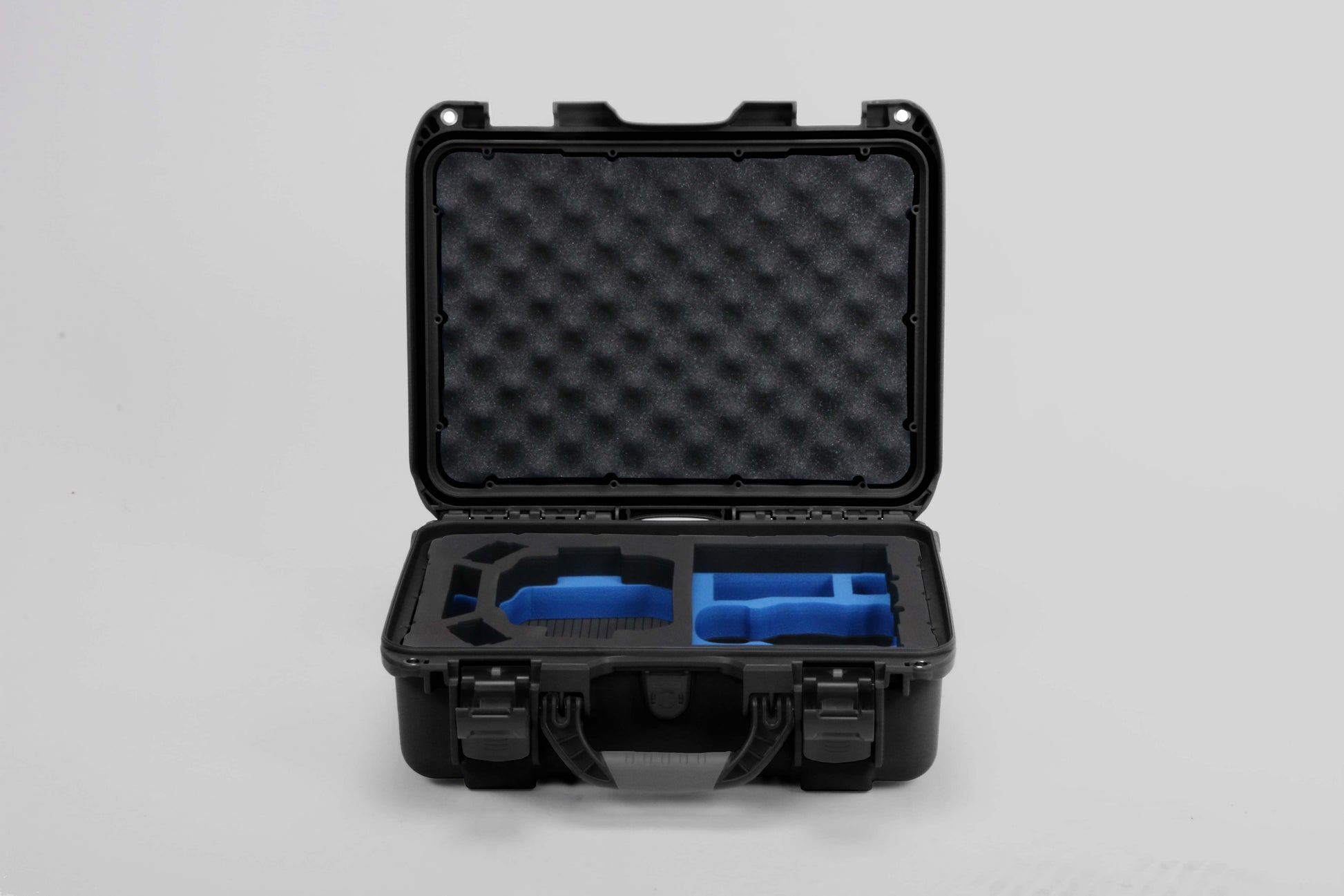 Front View of a DJI Mini 3 & 4 Pro Black Color Hard Case with Custom Blue Foam Insert