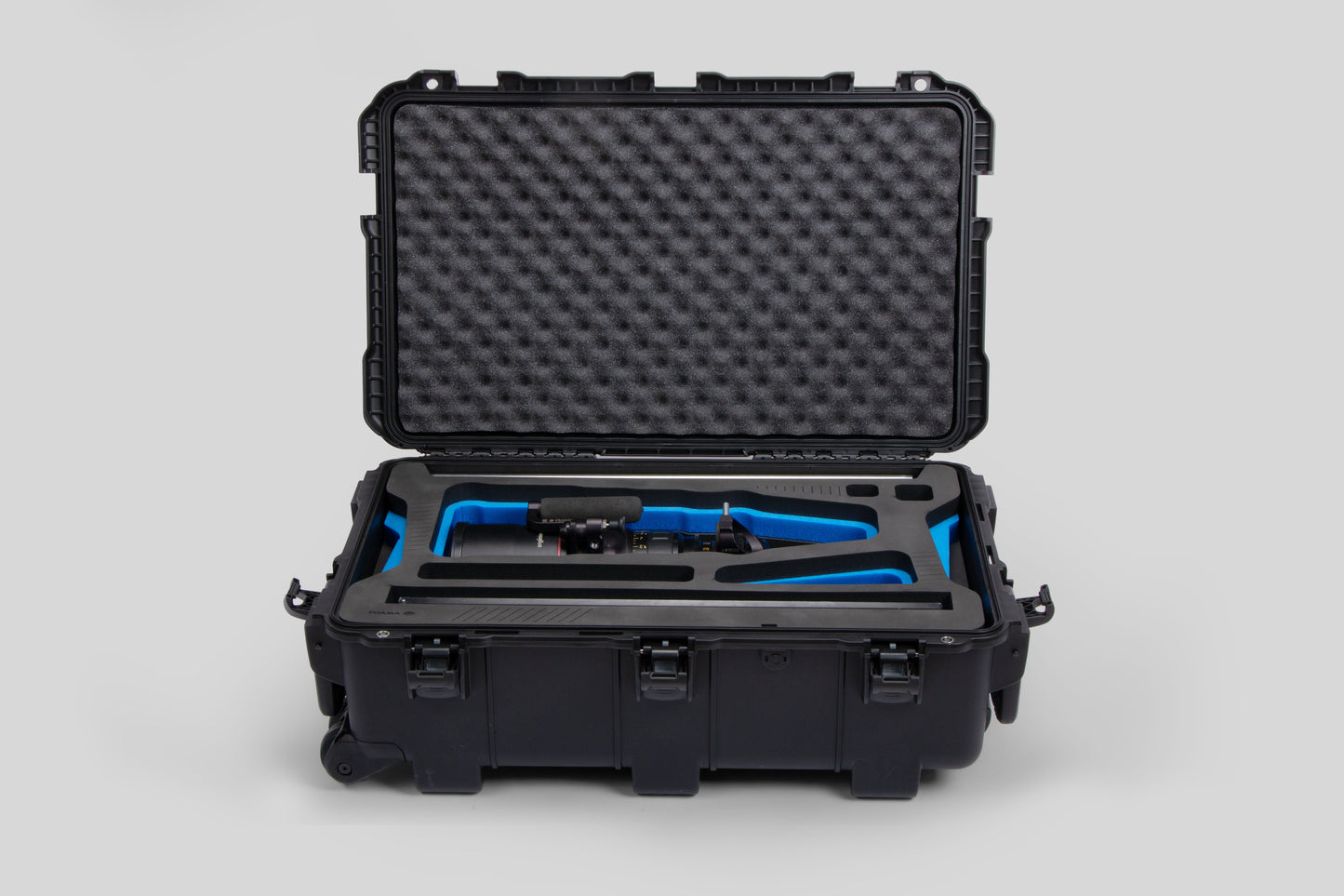 Front view of Black Color Optimo 24-290mm Heavy-Duty Lens Case and Blue Layer Custom Foam Insert