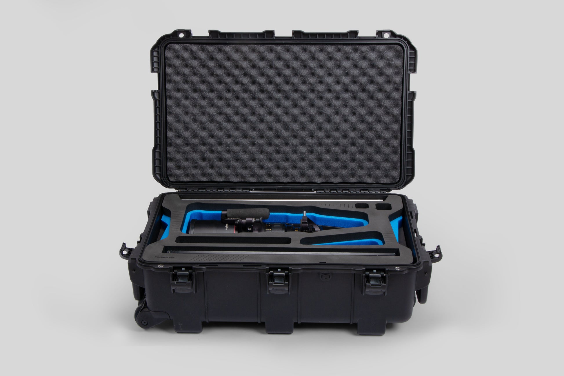Front view of Black Color Optimo 24-290mm Heavy-Duty Lens Case and Blue Layer Custom Foam Insert