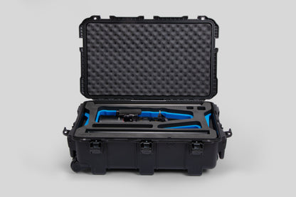 Front view of Black Color Optimo 24-290mm Heavy-Duty Lens Case and Blue Layer Custom Foam Insert