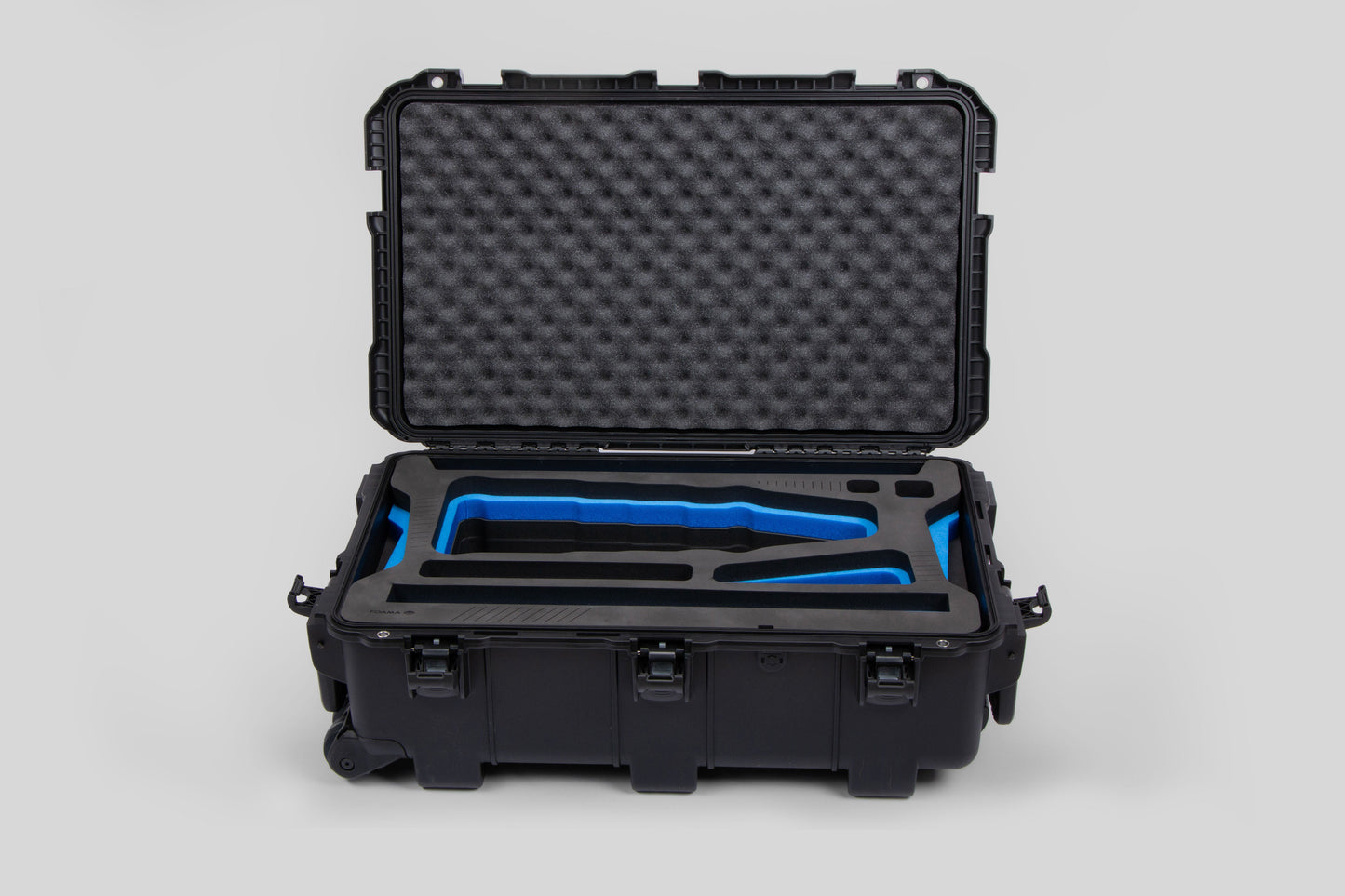 Front view of Black Color Optimo 24-290mm Heavy-Duty Lens Case and Blue Layer Custom Foam Insert
