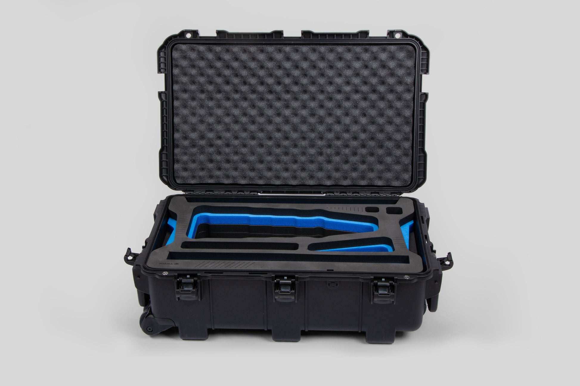 Front view of Black Color Optimo 24-290mm Heavy-Duty Lens Case and Blue Layer Custom Foam Insert