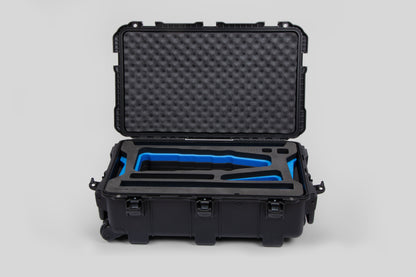 Front view of Black Color Optimo 24-290mm Heavy-Duty Lens Case and Blue Layer Custom Foam Insert