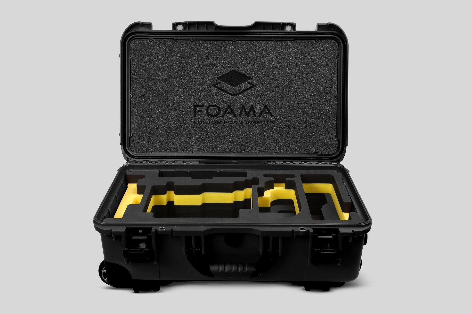 Front view of Black Color ARRI Alexa 35 Carry-On Case with Yellow Layer Custom Foam Insert