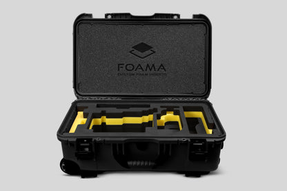 Front view of Black Color ARRI Alexa 35 Carry-On Case with Yellow Layer Custom Foam Insert