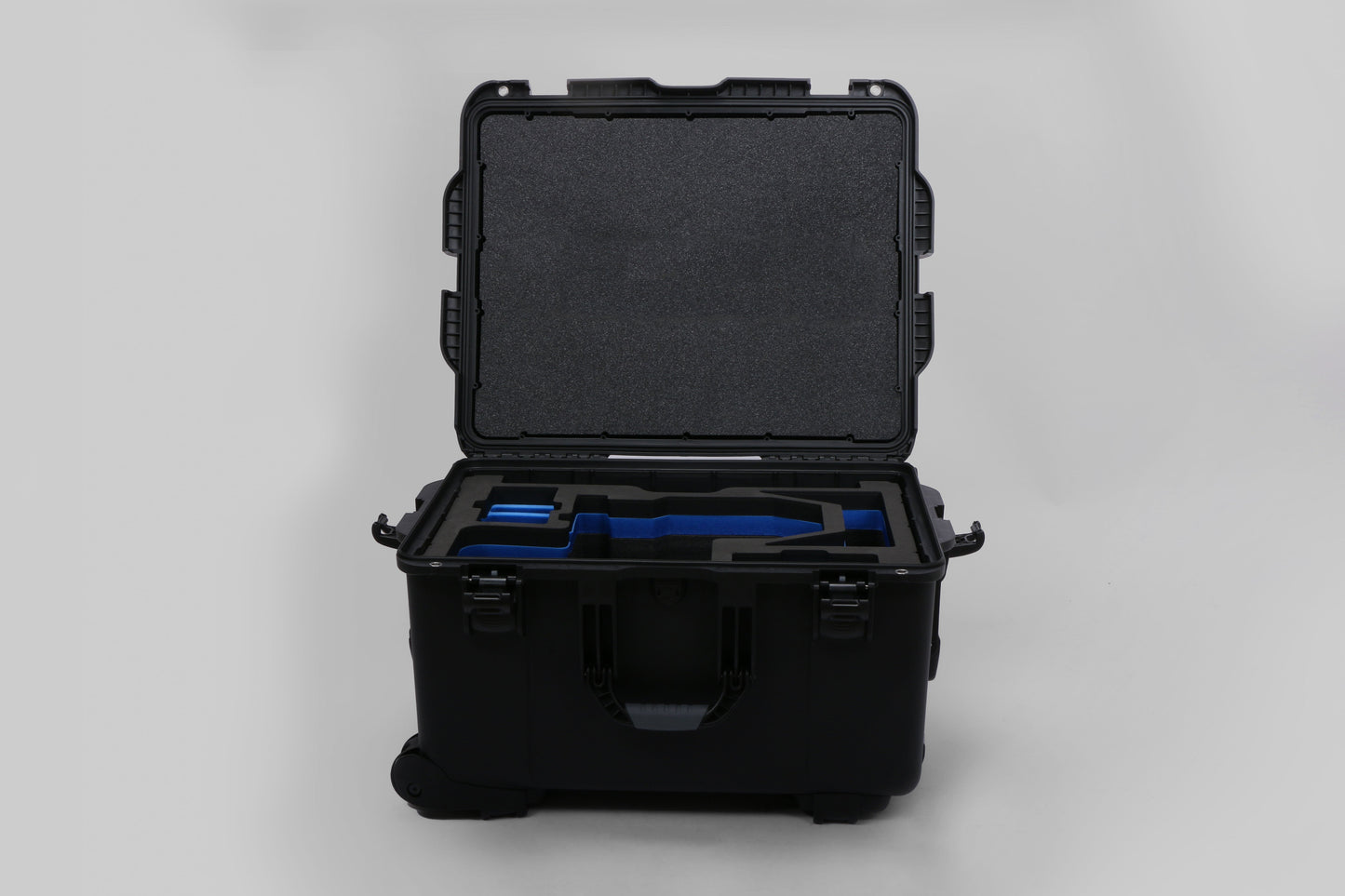 Front view of Black ARRI Alexa 35 Studio Case with Blue Custom Foam Insert for Alexa Camera And Accessories