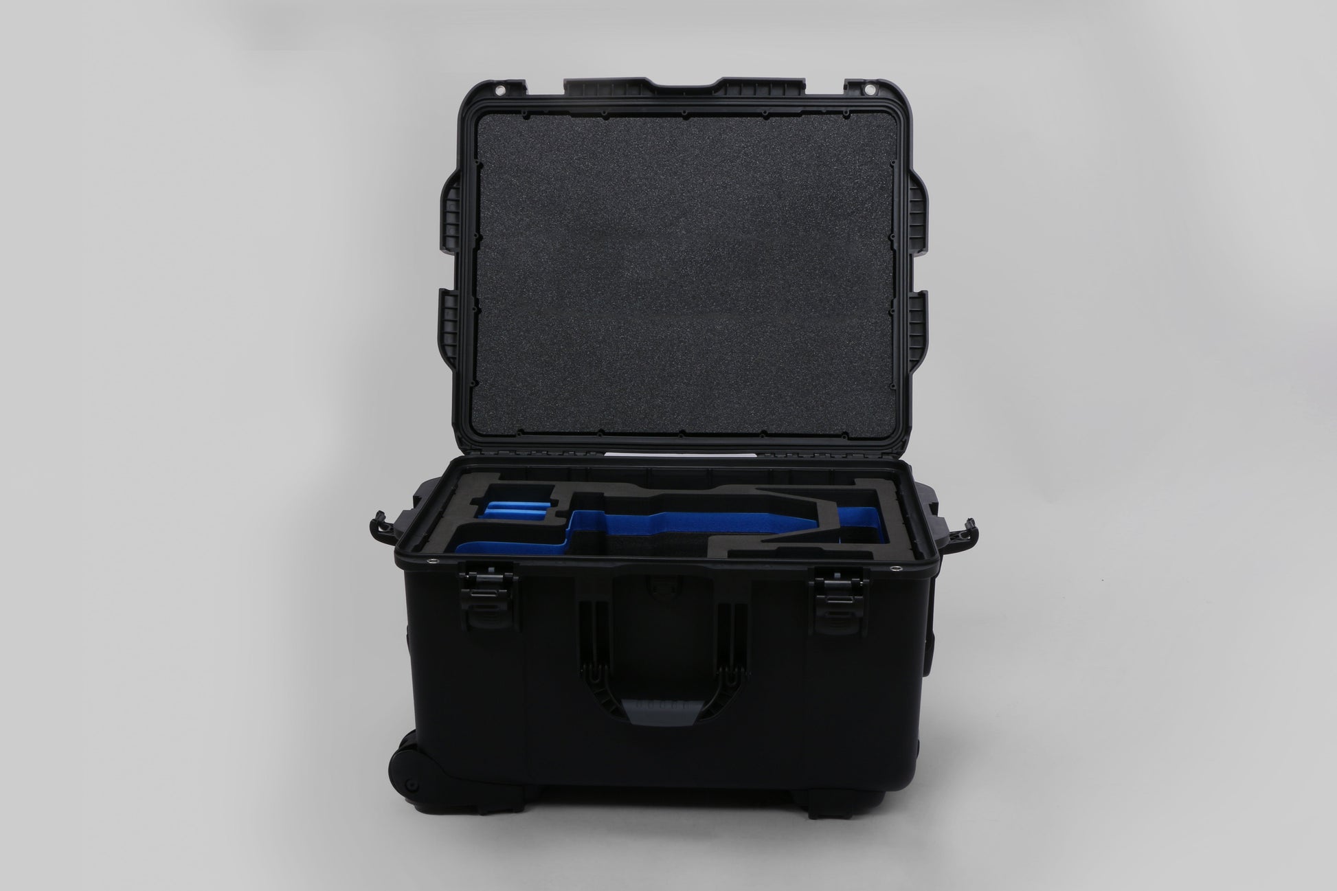 Front view of Black ARRI Alexa 35 Studio Case with Blue Custom Foam Insert for Alexa Camera And Accessories