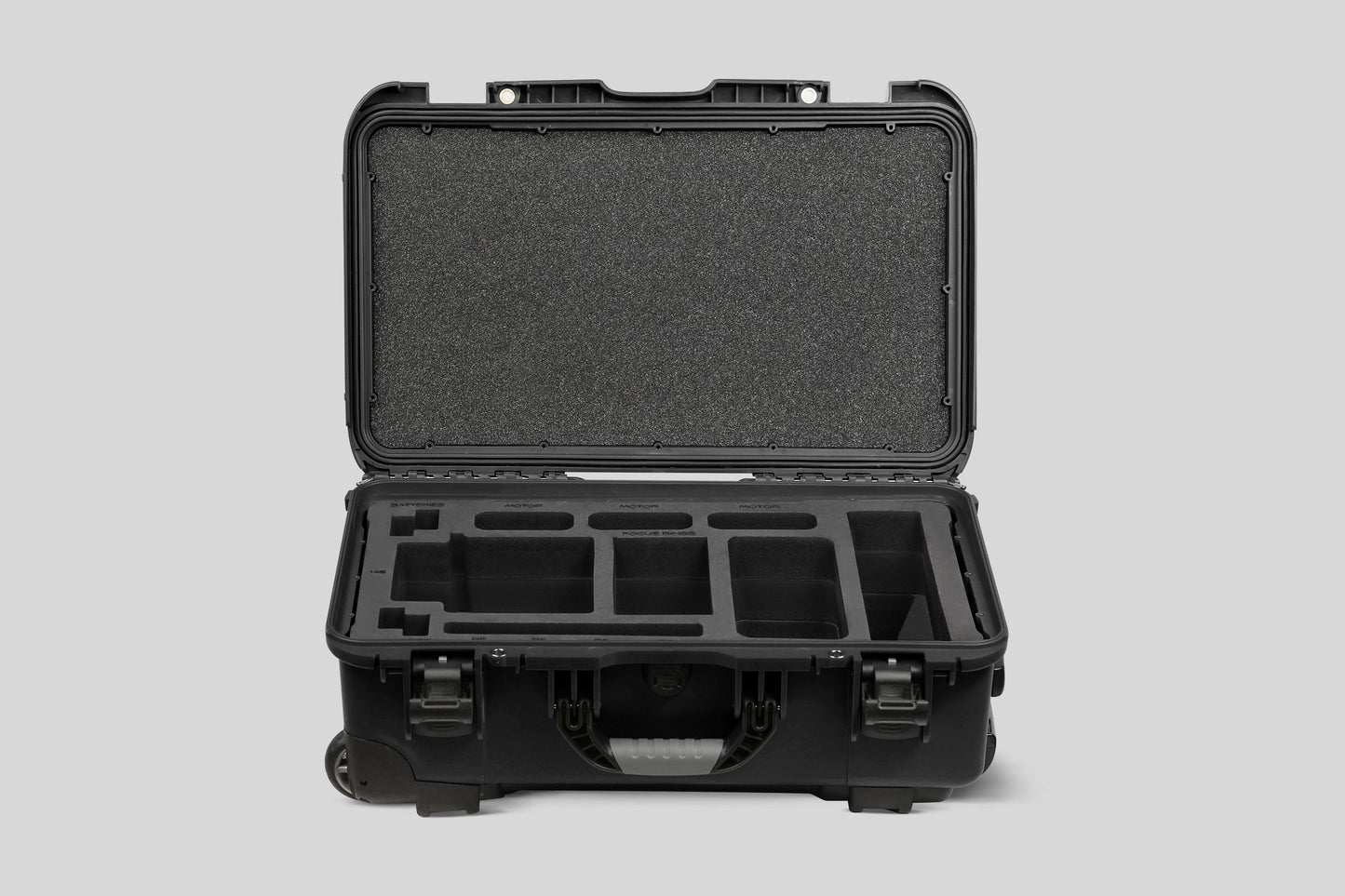 Front view of Black Color ARRI HI-5 Carry-On Case with Black Layer Custom Foam Insert