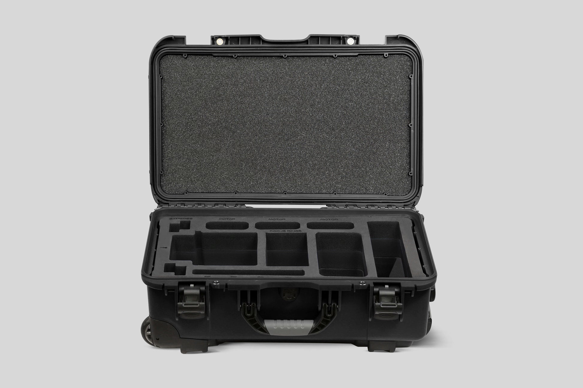Front view of Black Color ARRI HI-5 Carry-On Case with Black Layer Custom Foam Insert