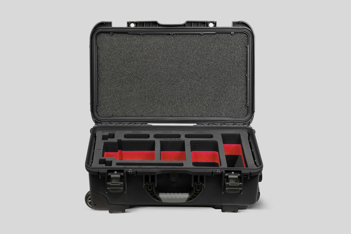 Front view of Black Color ARRI HI-5 Carry-On Case with Red Layer Custom Foam Insert