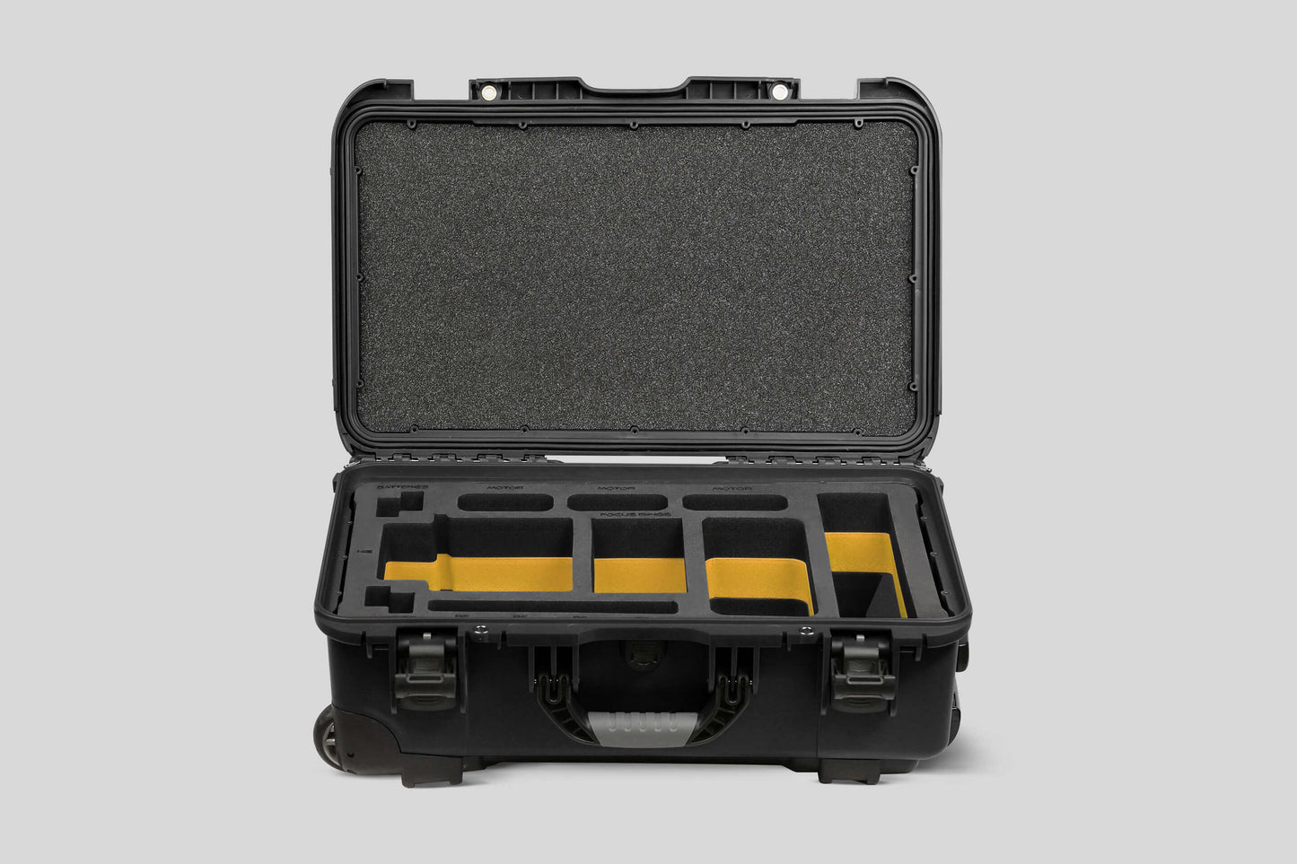 Front view of Black Color ARRI HI-5 Carry-On Case with Yellow Layer Custom Foam Insert