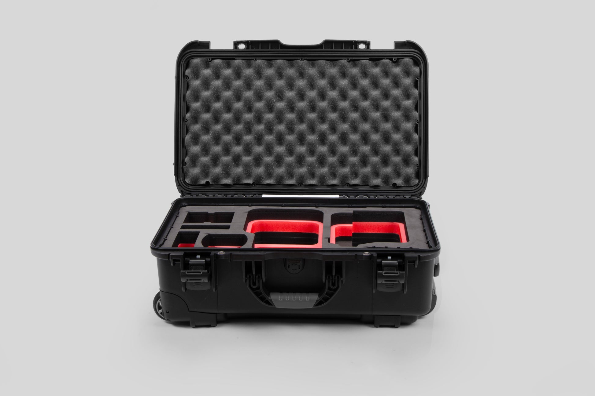 Front view of Black Color Canon C400 Camera Carry-on Case and Red Layer Custom Foam Insert