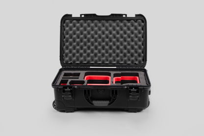 Front view of Black Color Canon C400 Camera Carry-on Case and Red Layer Custom Foam Insert