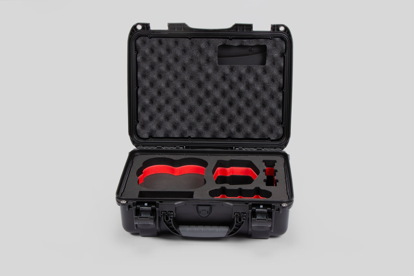 Front view of DJI Avata 2 Fly More Combo Black Color Waterproof Hard Case and Custom Foam Insert with a Red Layer