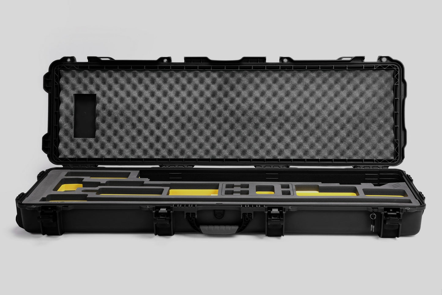 Front view of Foama Fortified Black Color Hard Case and Custom Foam Insert with Yellow Layer for DJI D-RTK 2 Mobile Station