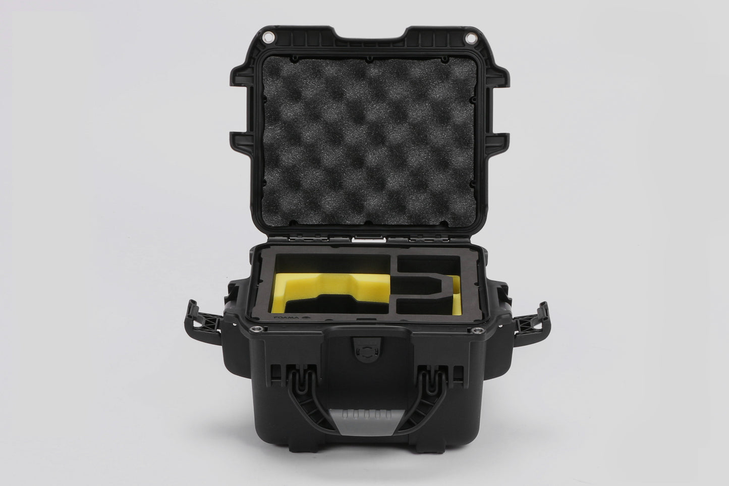 Front view of DJI Zenmuse H30T Black Color Storage and Carrying Case and Custom Foam Insert with a Yellow Layer