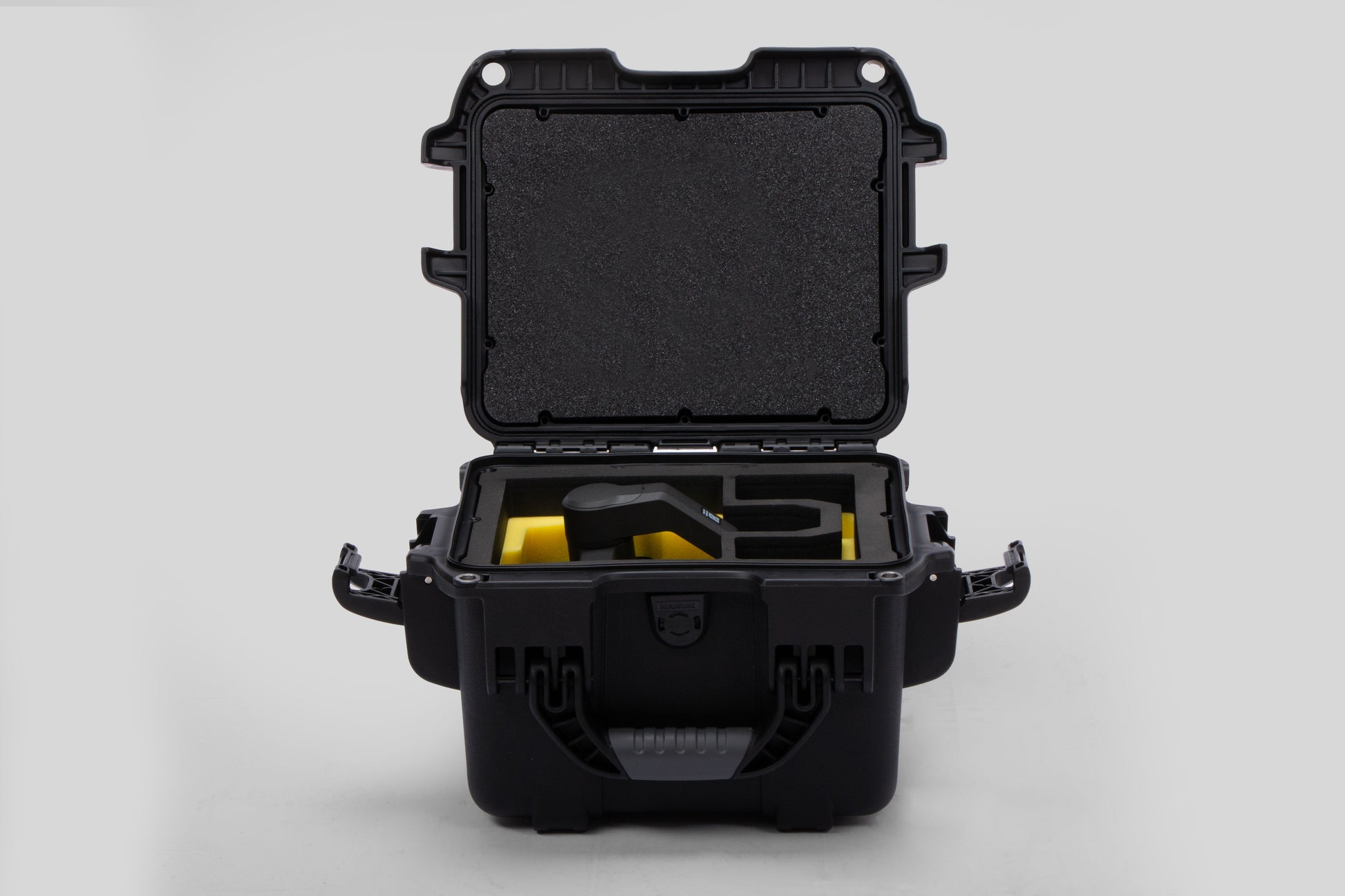 Front view of Black Color DJI Zenmuse H30T Carry-On Case with Yellow Layer Custom Foam Insert