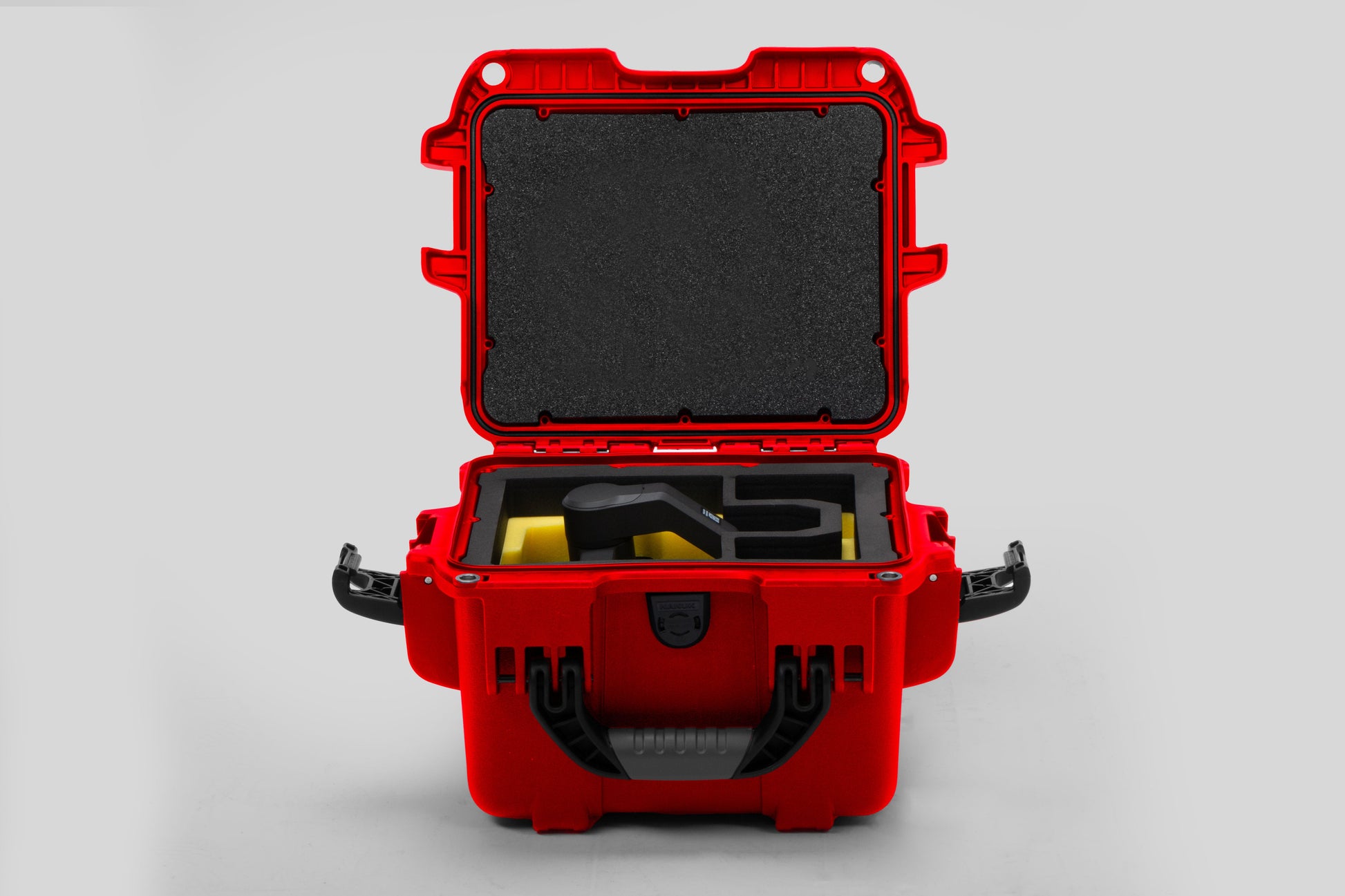 Front view of Red Color DJI Zenmuse H30T Carry-On Case with Yellow Layer Custom Foam Insert