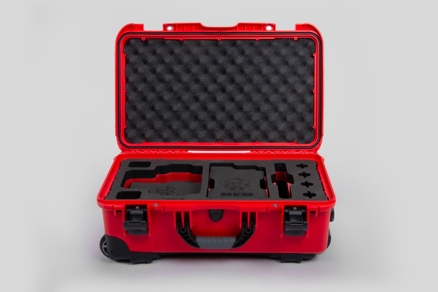 Front view of Red Color RED V Raptor Carry-On Case with Red Layer Custom Foam Insert