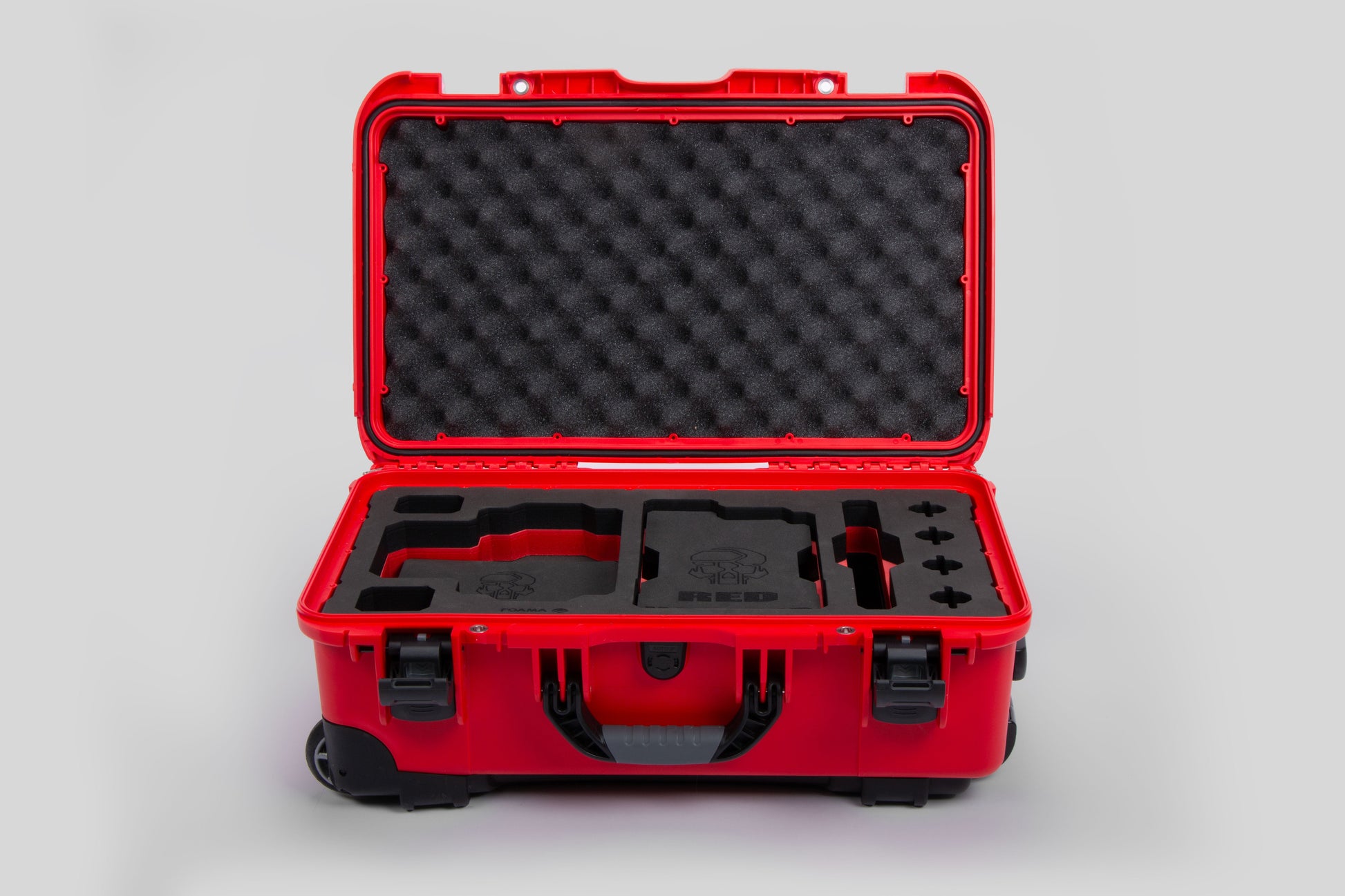 Front view of Red Color RED V Raptor Carry-On Case with Red Layer Custom Foam Insert