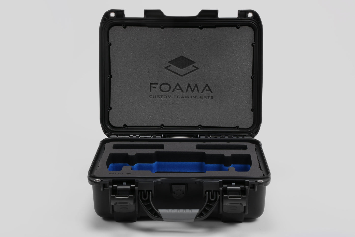 Front view of Foama Black Color Travel Case and Custom Foam Insert with Blue Layer for SmallHD 703 Bolt Pro