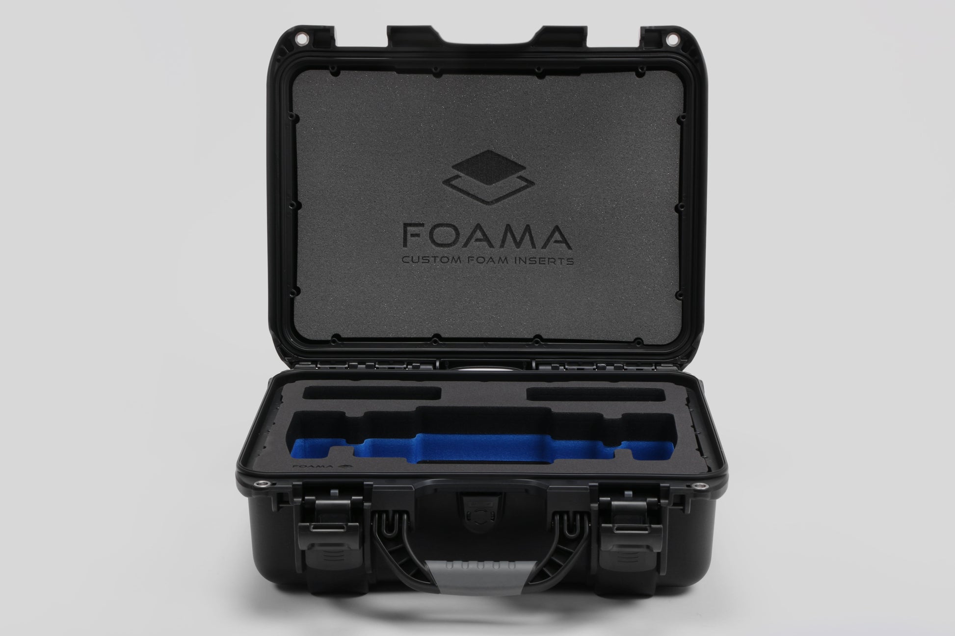 Front view of Foama Black Color Travel Case and Custom Foam Insert with Blue Layer for SmallHD 703 Bolt Pro