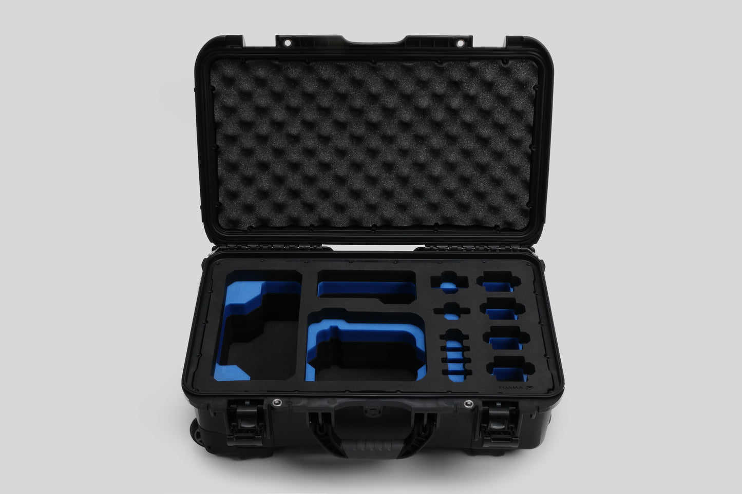 Front view of Foama Black Color Carry-on case and Custom Foam Insert with Blue Layer for Sony FX-6