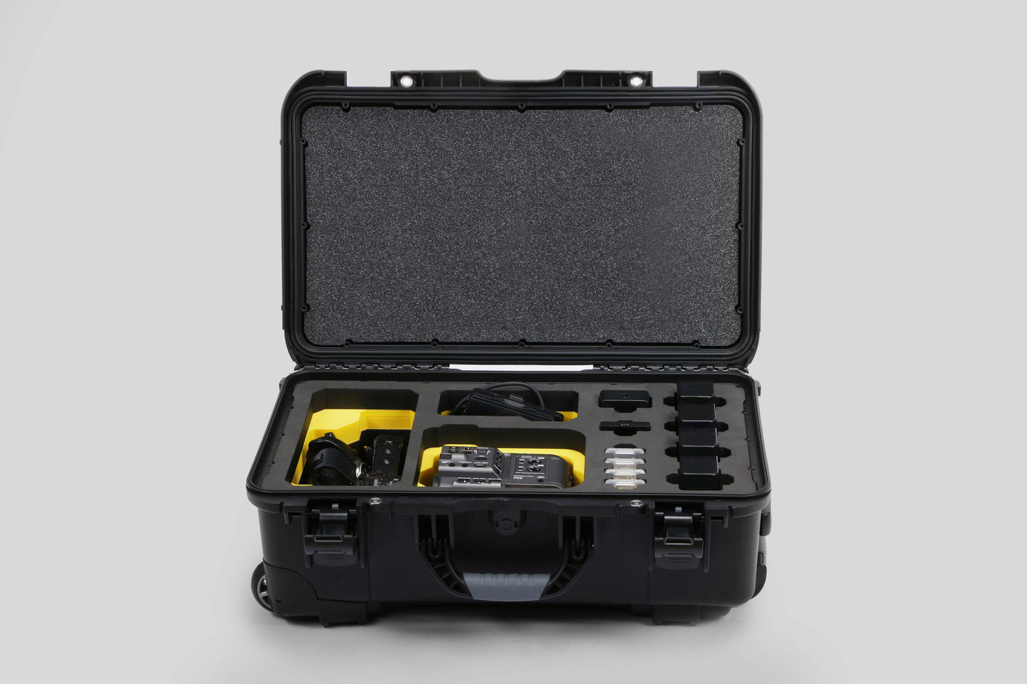 Front view of Foama Black Color Carry-on case and Yellow Foam Insert for Sony FX-6 and Essential Accessories