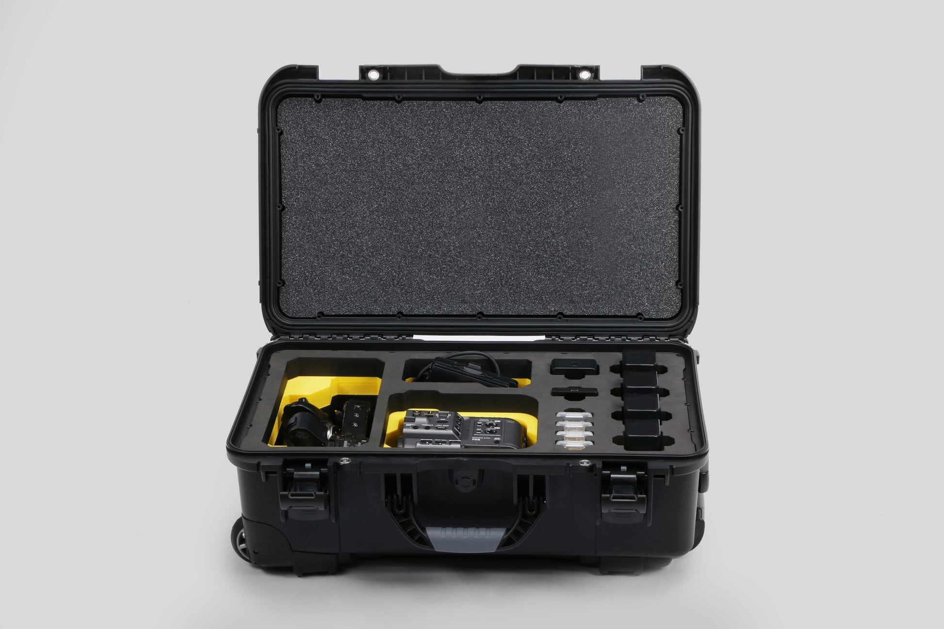 Front view of Foama Black Color Carry-on case and Yellow Foam Insert for Sony FX-6 and Essential Accessories