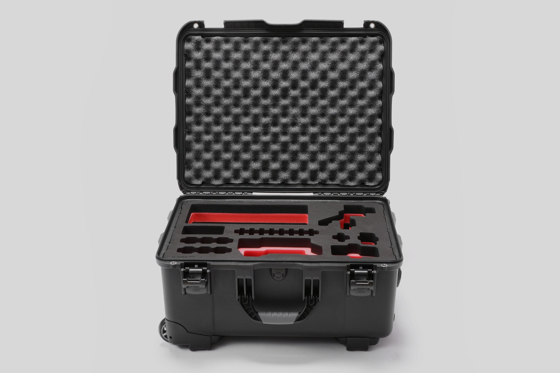 Front view of Sony FX3 Black Color Studio Case and Custom Foam Insert with Red Layer