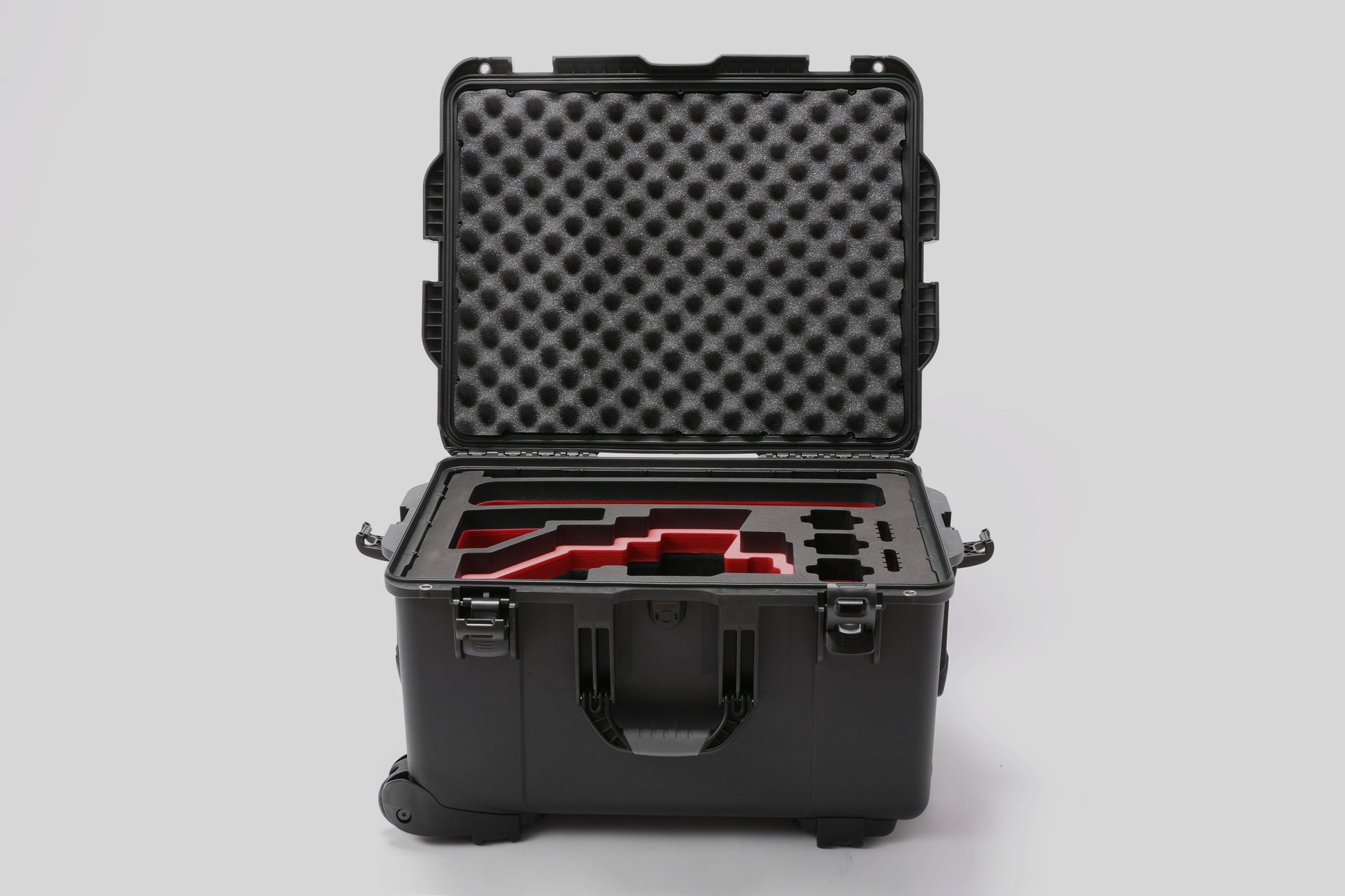 Front view of Sony FX6 Black Color Studio Case and Custom Foam Insert with a Red Layer