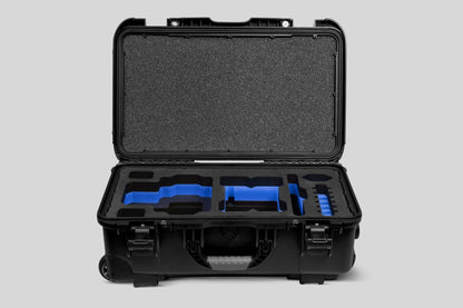 Front view of a Red Raptor-X Black Color Carry-on Case with Custom Blue Foam Insert