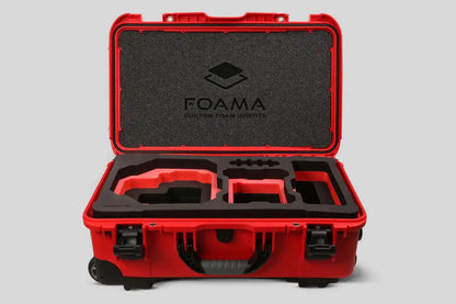 Front view of Foama Red Color Carry-on case and Custom Foam Insert with Red Layer for RED Komodo-X