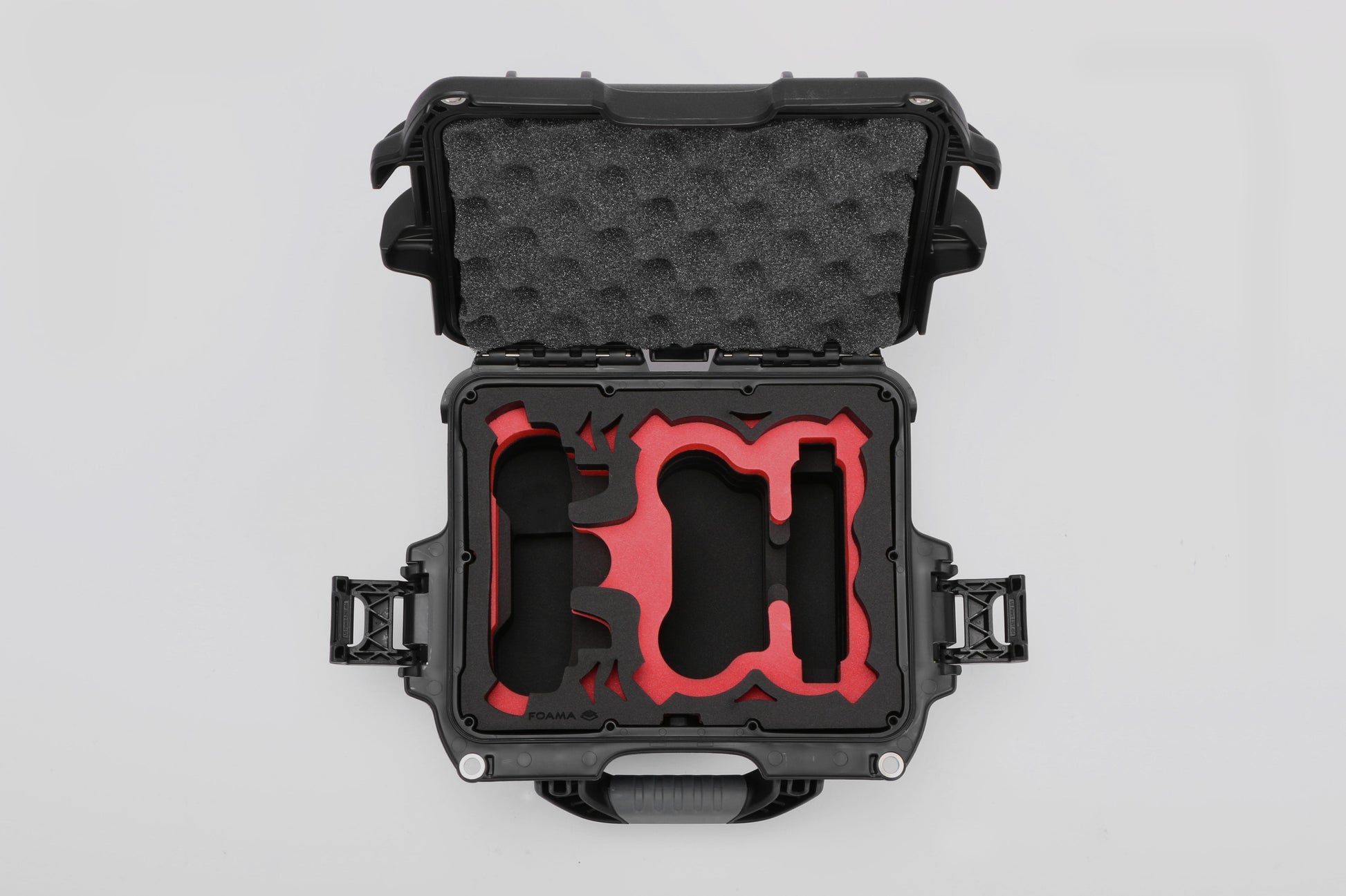 Top view of DJI Neo Black Color Adventure Ready Compact Waterproof Carry-on Case and Custom Foam Insert with a Red Layer for DJI Neo