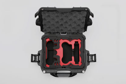 Top view of DJI Neo Black Color Adventure Ready Compact Waterproof Carry-on Case and Custom Foam Insert with a Red Layer for DJI Neo