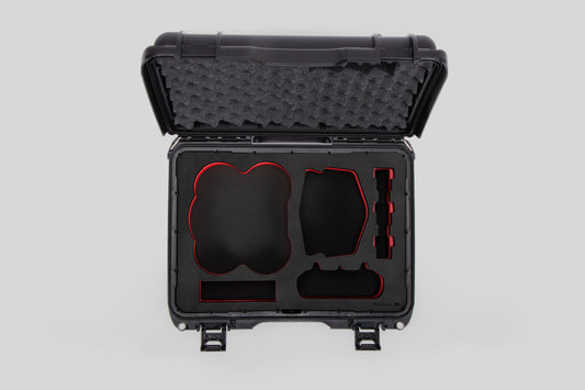 Top view of DJI Avata 2 Fly More Combo Black Color Waterproof Hard Case and Custom Foam Insert with a Red Layer