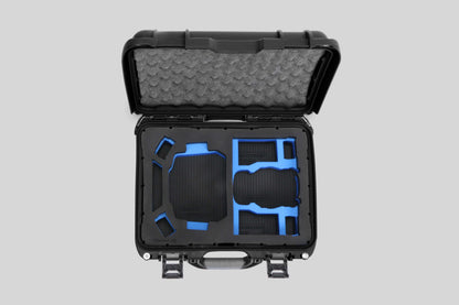 Top View of a DJI Mini 3 & 4 Pro Black Color Hard Case with Custom Blue Foam Insert
