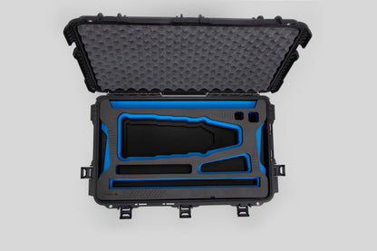 Top view of Black Color Optimo 24-290mm Heavy-Duty Lens Case and Blue Layer Custom Foam Insert