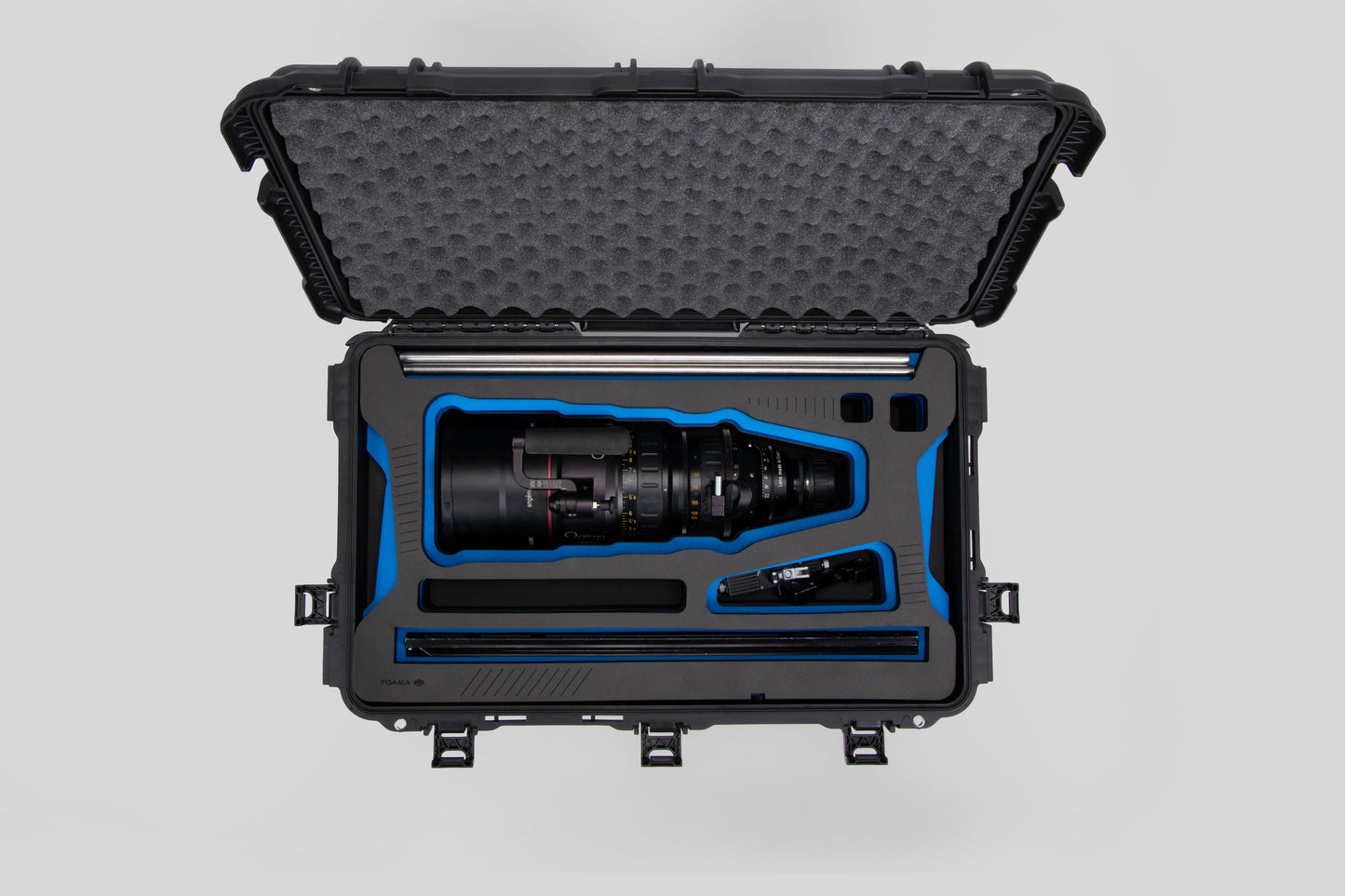 Top view of Black Color Optimo 24-290mm Heavy-Duty Lens Case and Blue Layer Custom Foam Insert