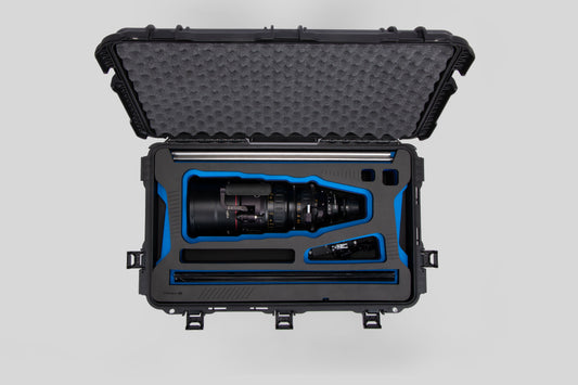 Top view of Black Color Optimo 24-290mm Heavy-Duty Lens Case and Blue Layer Custom Foam Insert