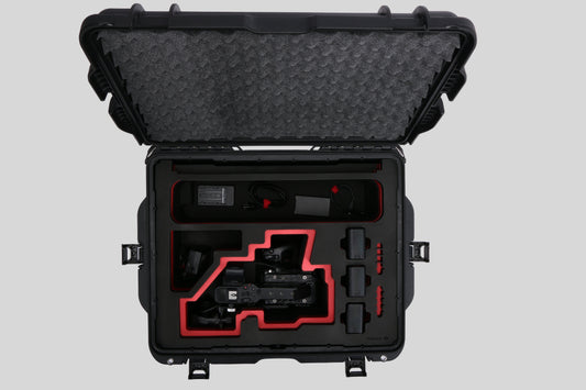 Top view of Sony FX6 and accessories in Black Color Studio Case and Custom Foam Insert with a Red Layer